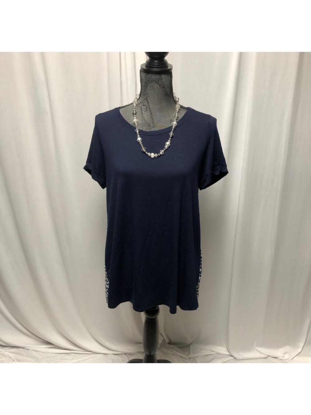 Gilli Top Womens Size Medium Navy Floral Print Back Short Sleeve Tunic
